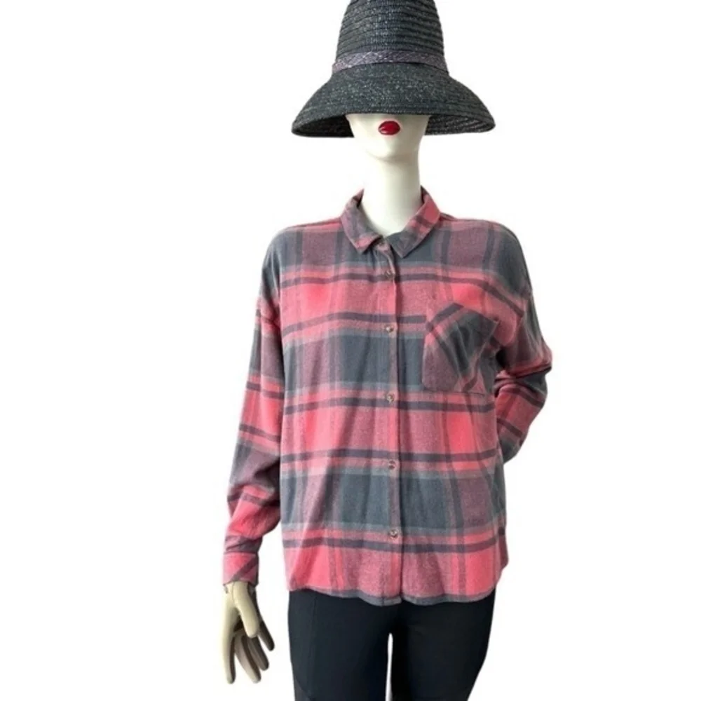 Pink Rose Women's Plaid Boyfriend Shirt L Red Grey Black Buffalo Check Cotton VG - Picture 4 of 10